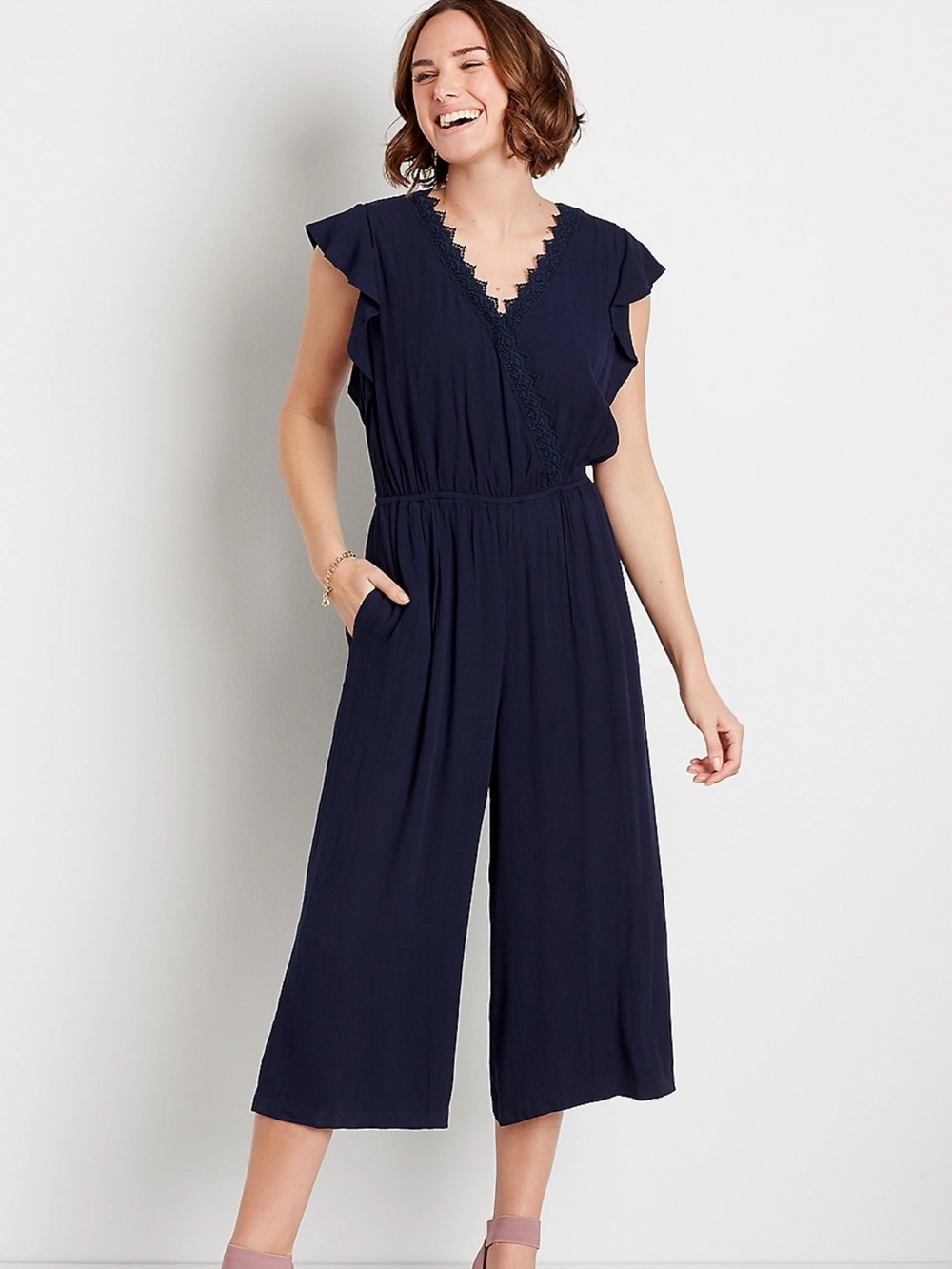 Maurices Navy Lace Trim Flutter Sleeve Pocket Jumpsuit